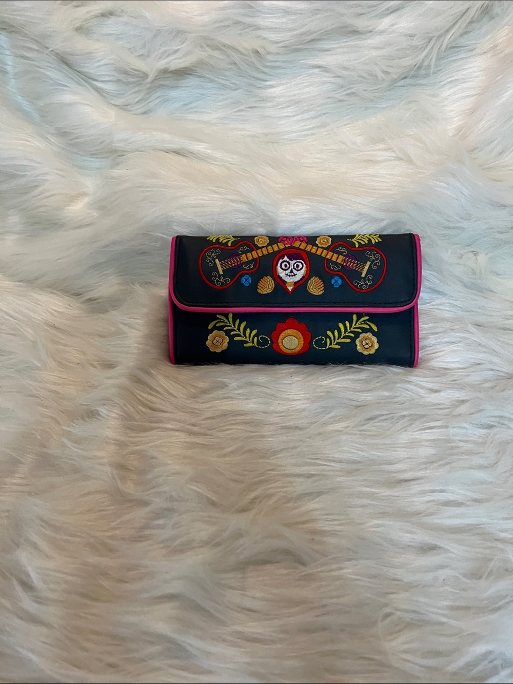 Gray Embroidered Floral & Skull Foldover Clutch with Pink Trim
